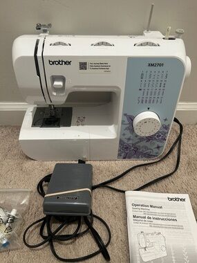 Brother XM2701 White Sewing Machine with Purple Floral Panel